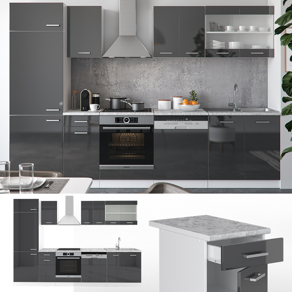 Vicco Cucina Componibile Antracite Lucido/Bianco 300 Cm Senza Piano Di Lavoro