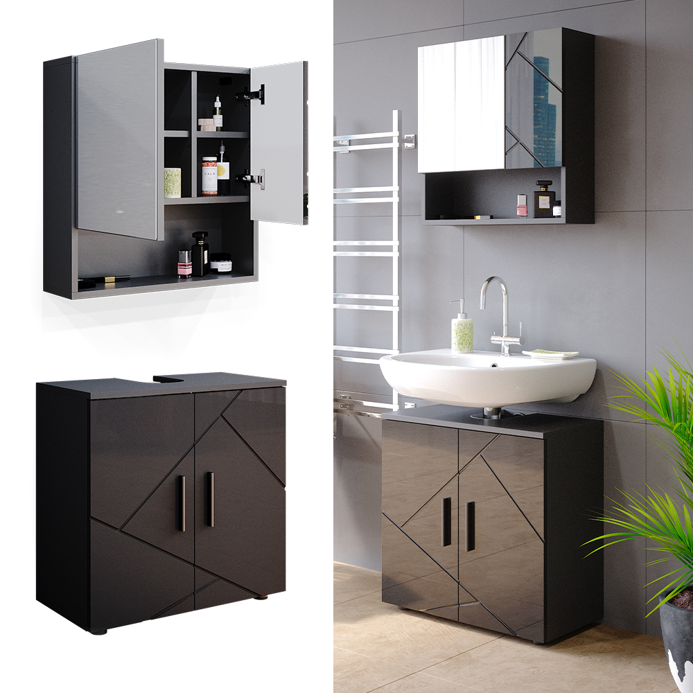 Vicco Set Mobili Bagno Antracite Lucido 2 Parti, Mobile Base 60 Cm