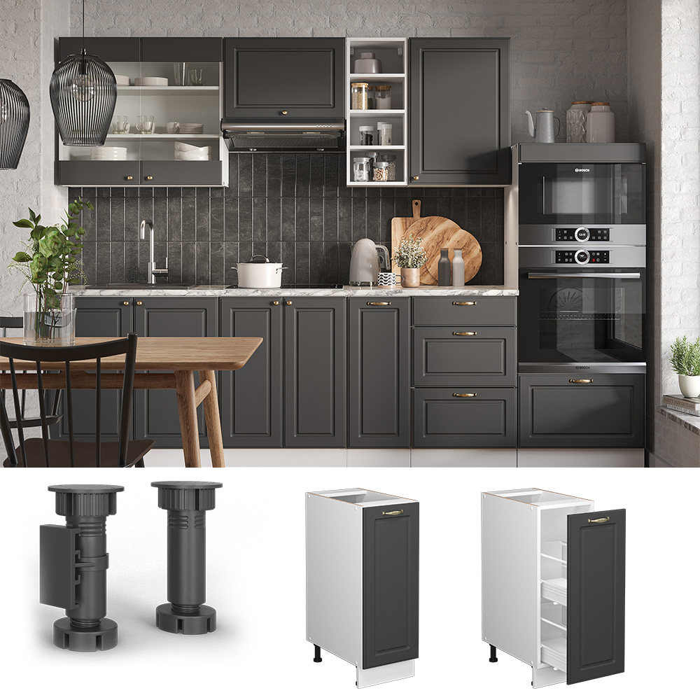 Vicco Armadio Cucina Dispensa Alto Antracite-Oro 30 Cm , Pl Marmo