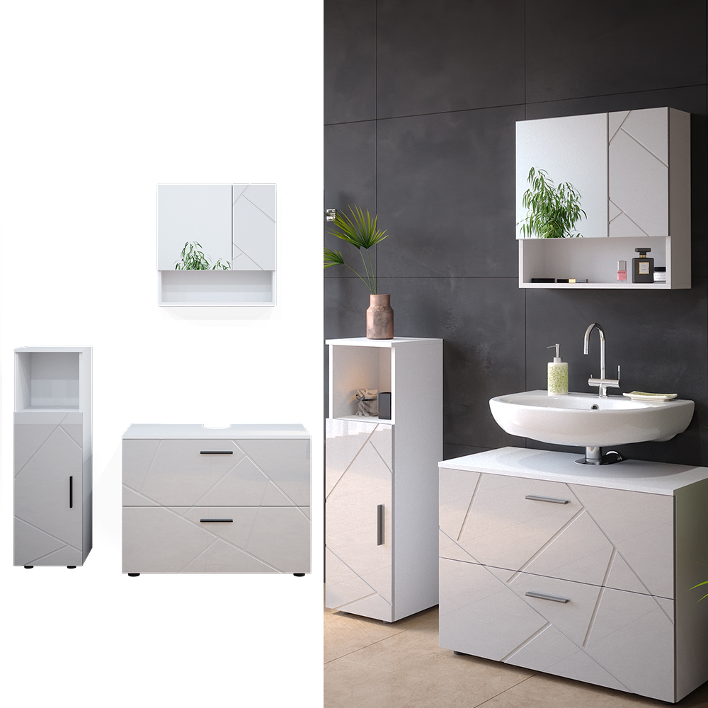 Vicco Set Mobili Bagno Bianco Lucido 3 Parti, Con Mobile Midi