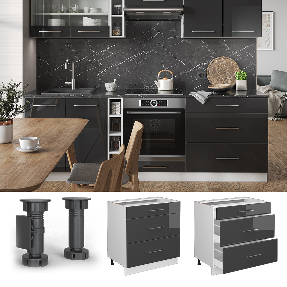 Küchenunterschrank Vicco Fame-Line 80 cm mit 3 Schubladen, ohne Arbeitsplatte - Bild 58 von 91