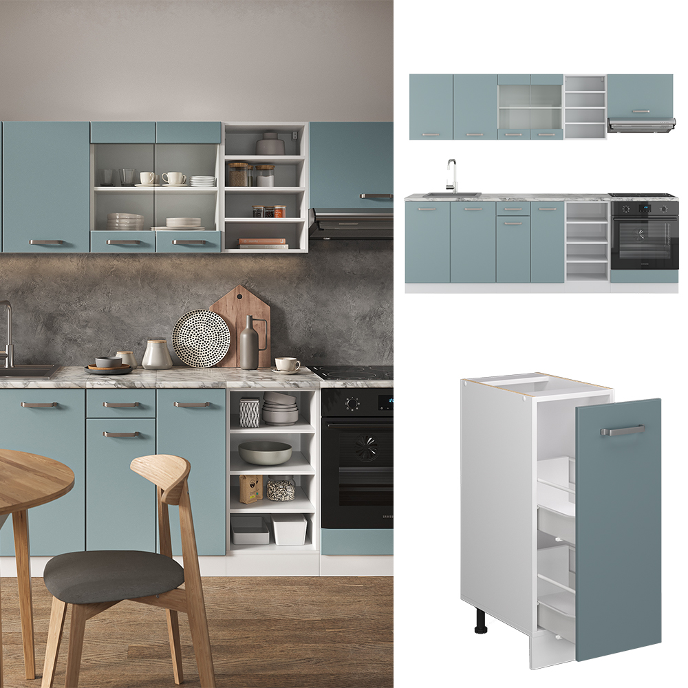 Vicco Cucina Componibile Blu-Grigio/Bianco 240 Cm , Pl Rovere