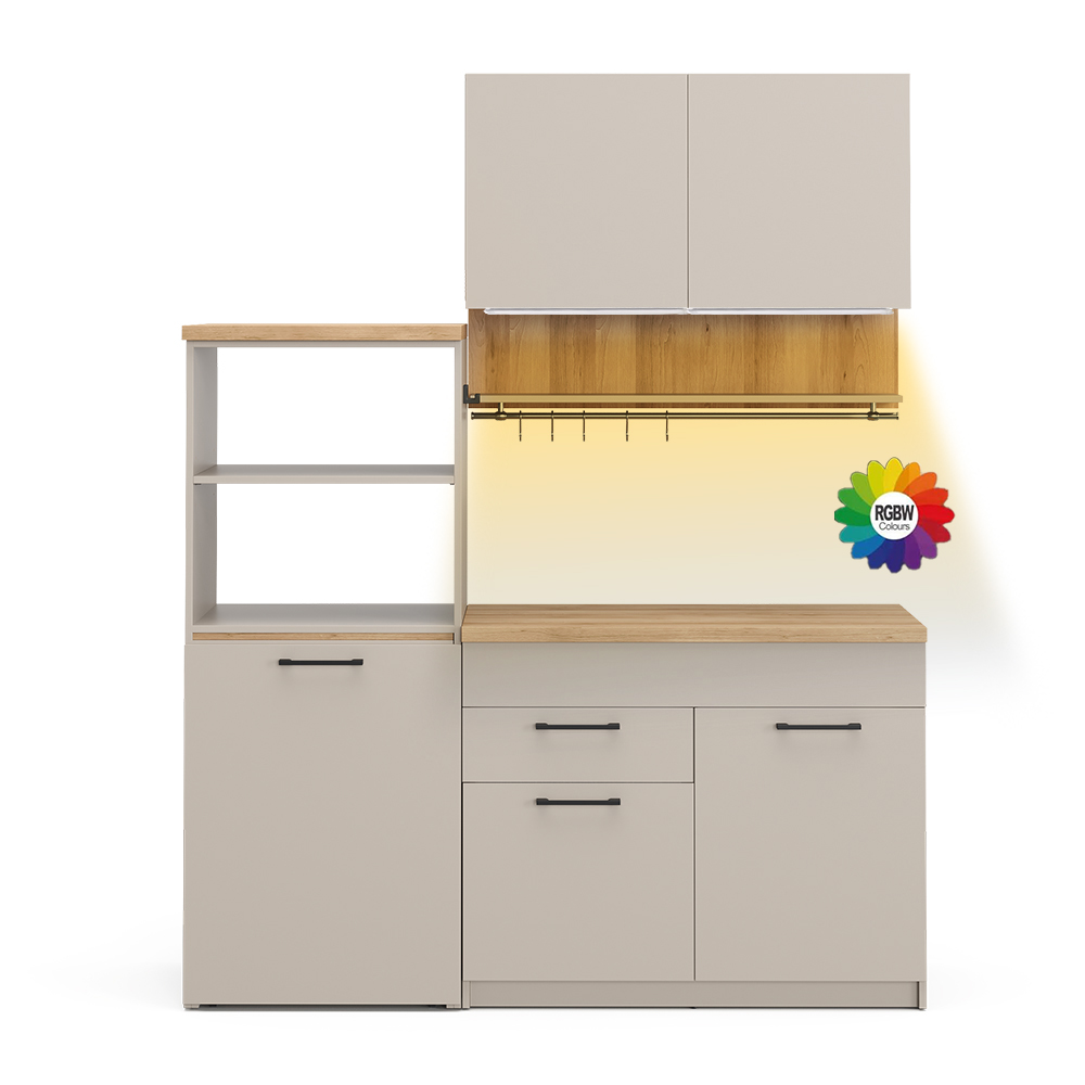 Vicco Cucina monoblocco Grigio 160 cm con tavolo allungabile con striscia LED