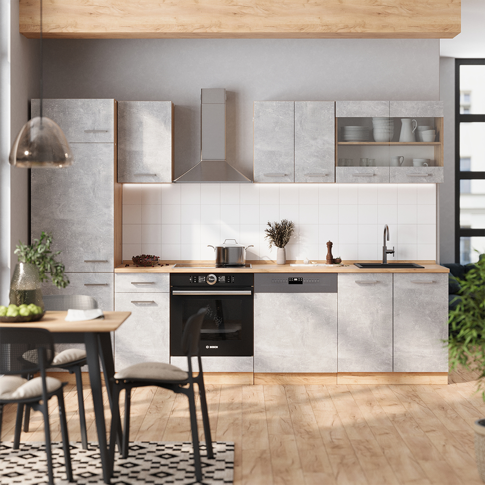 Vicco Kitchenette Beton/Goldkraft Eiche 300cm, Mármore AP, R-Line