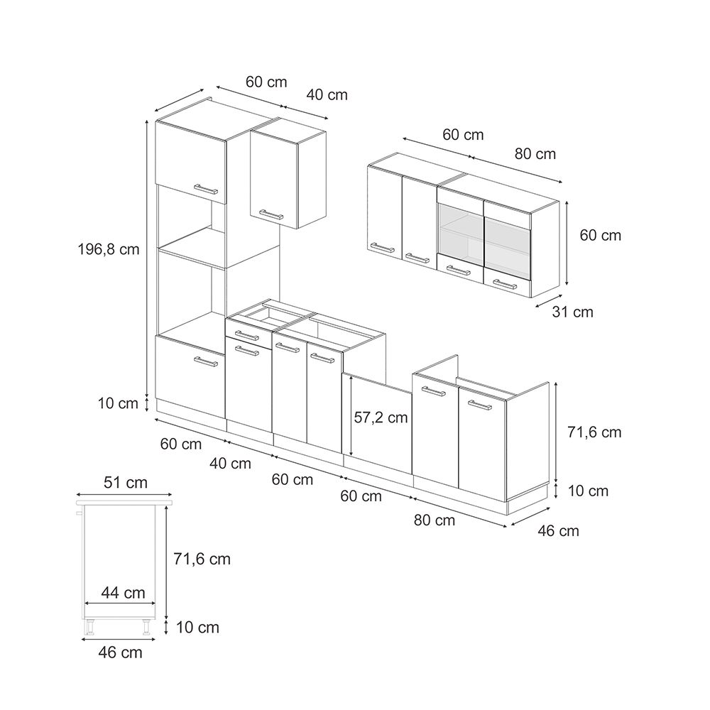 Vicco Kitchenette Anthrazit Landhaus/Goldkraft Eiche 300cmcom armário alto, carvalho AP, R-Line
