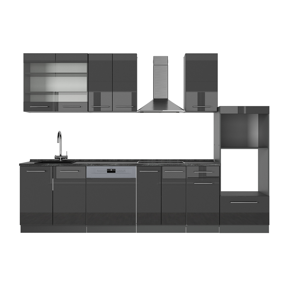 Vicco Cucina componibile Antracite lucido 300 cm con armadio alto, PL Antracite