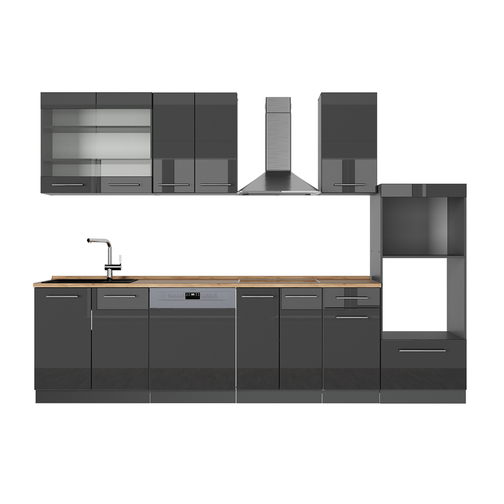 Vicco Cucina componibile Antracite lucido 300 cm con armadio alto, PL Rovere