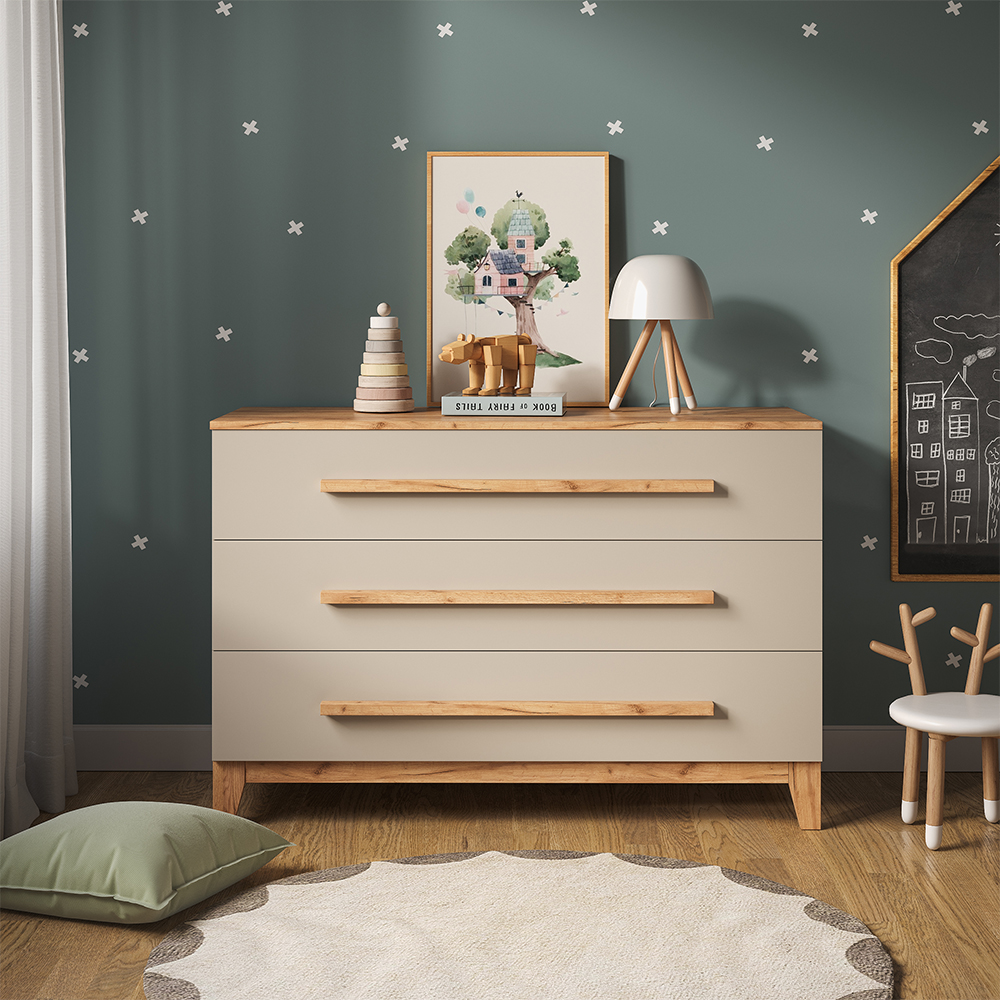 Nahaufnahme von Wickelkommode in Cashmere/Artisan, zeigt Design- und Oberflächendetails