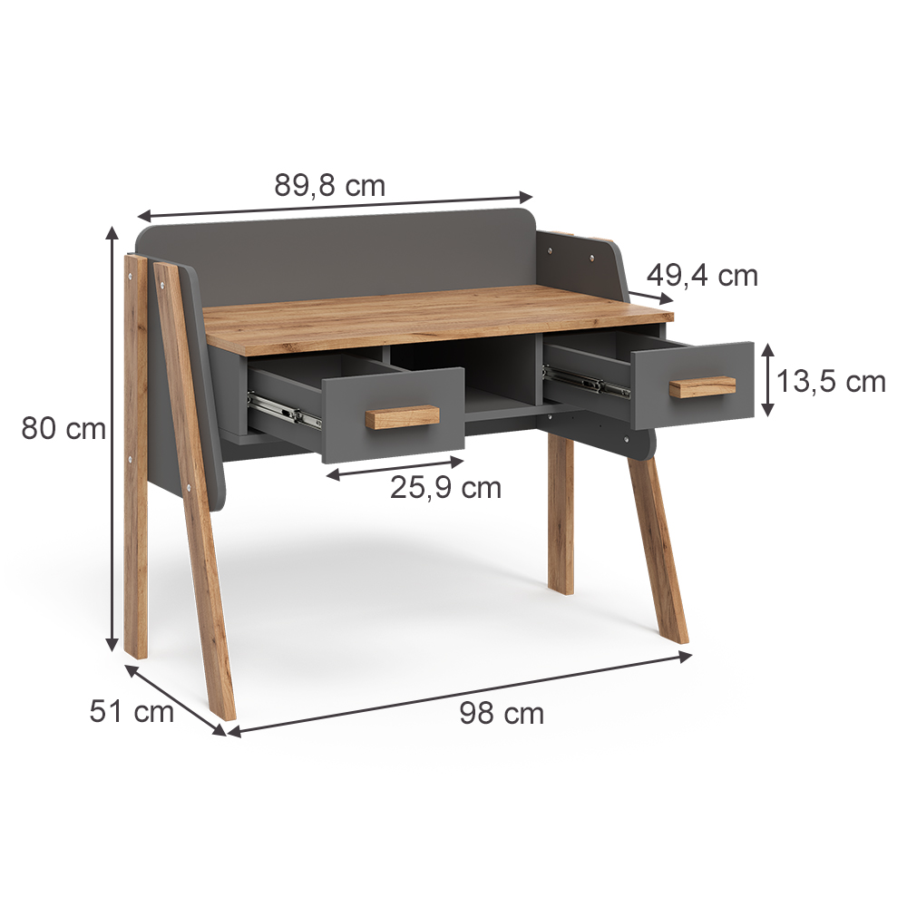 Schreibtisch in Grau/Artisan auf weißem Hintergrund mit sichtbaren Maßen