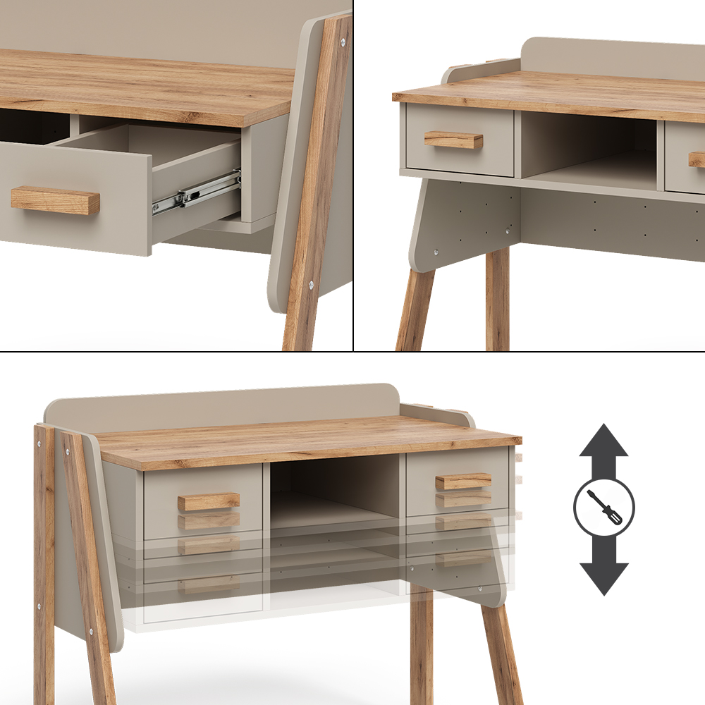 Nahaufnahme von Schreibtisch in Cashmere/Artisan, zeigt Design- und Oberflächendetails