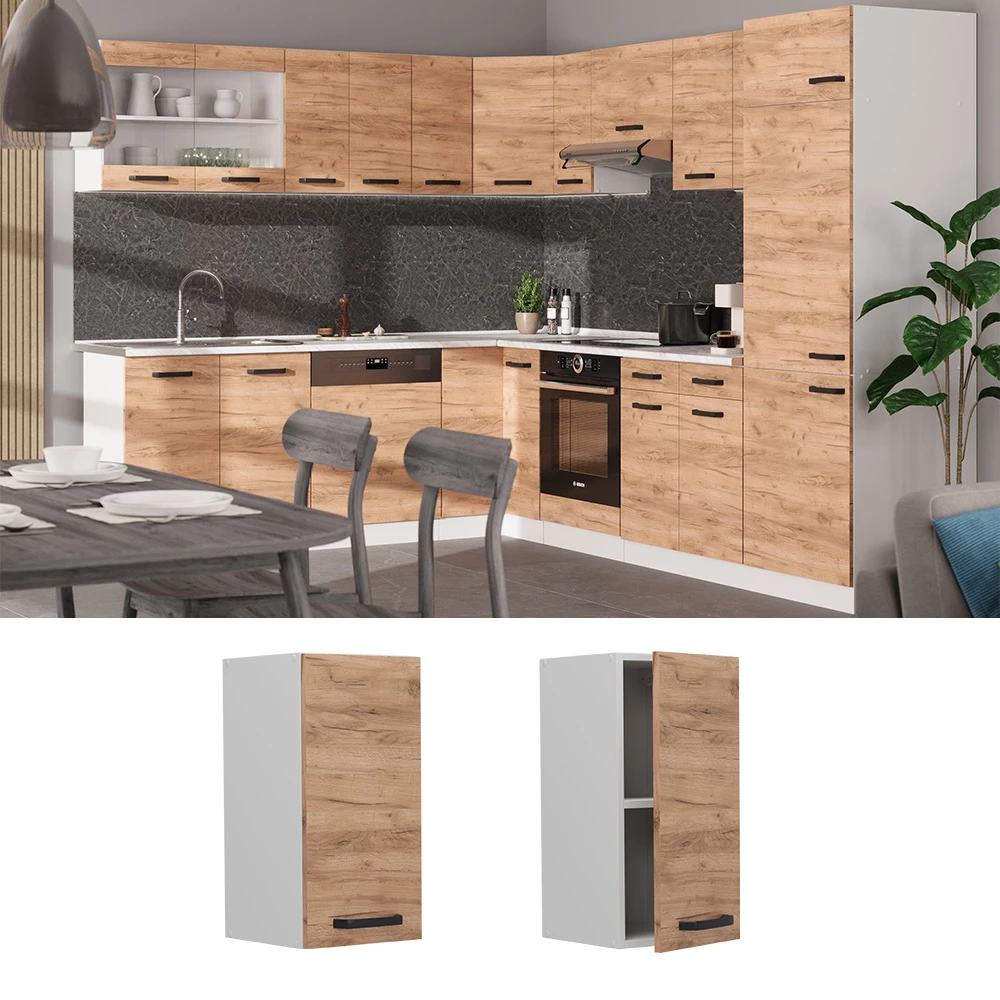 Hängeschrank in Goldkraft Eiche, dargestellt im Ambiente und auf weißem Hintergrund