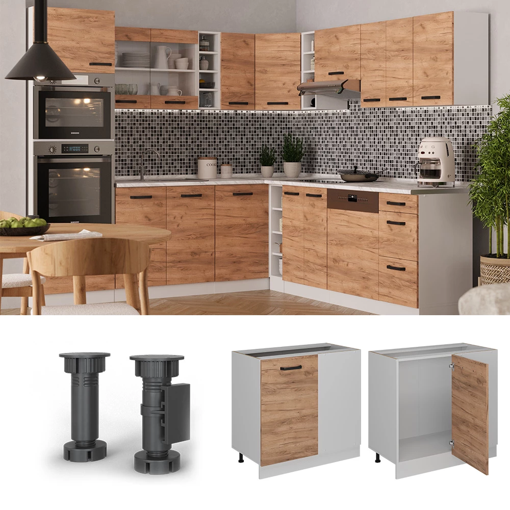 Eckunterschrank in Goldkraft Eiche, dargestellt im Ambiente mit Dekoration