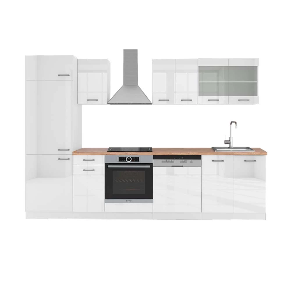 livinity® Küchenzeile Weiß Hochglanz/Weiß 300 cm , AP Eiche, R-Line