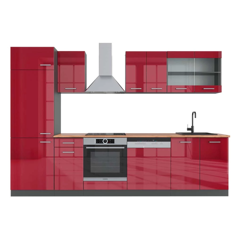 Čajna kuhinja u boji Bordeaux high gloss / anthracite na bijeloj pozadini