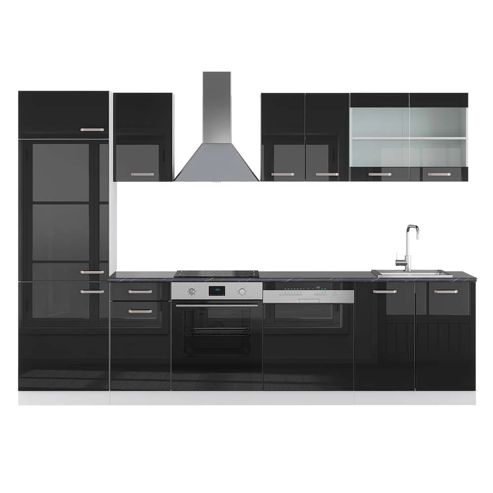 Küchenzeile in Schwarz Hochglanz/Weiß auf weißem Hintergrund