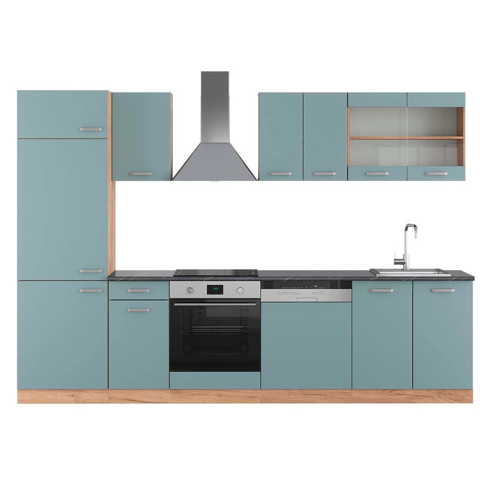 Küchenzeile in Blau-Grau/Goldkraft Eiche auf weißem Hintergrund