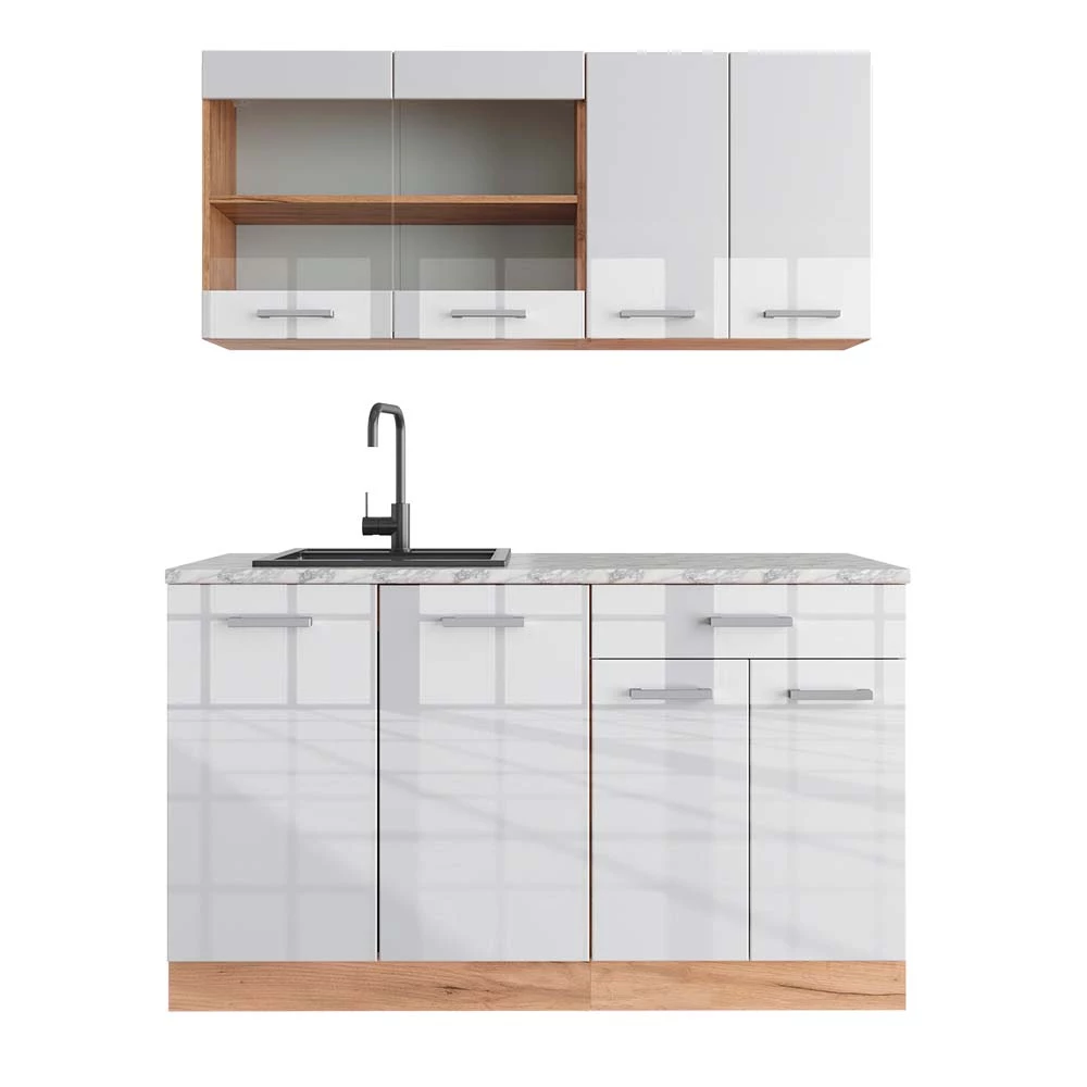 Vicco Pojedyncza kuchnia Biały wysoki połysk/złoty dąb power 140 cm , BP Marmur, R-Line