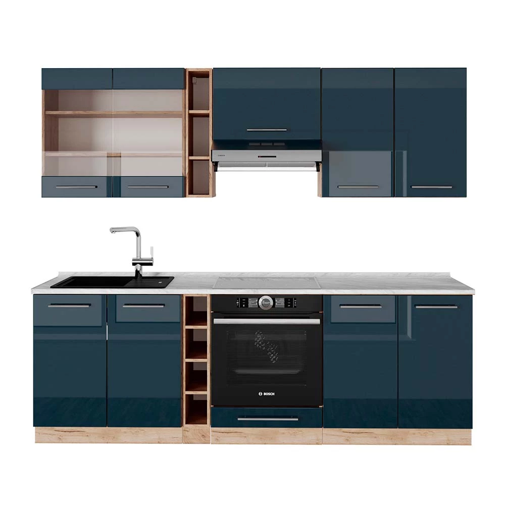 Vicco Cucina componibile Blu scuro lucido/rovere dorato 235 cm , PL Marmo, Fame-Line