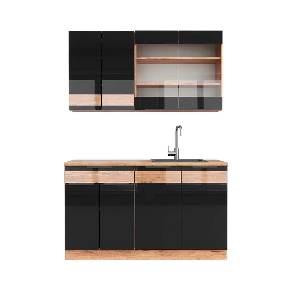 Vicco Bucătărie simplă Stejar negru lucios/Stejar Goldkraft 140cm, Fame-Line