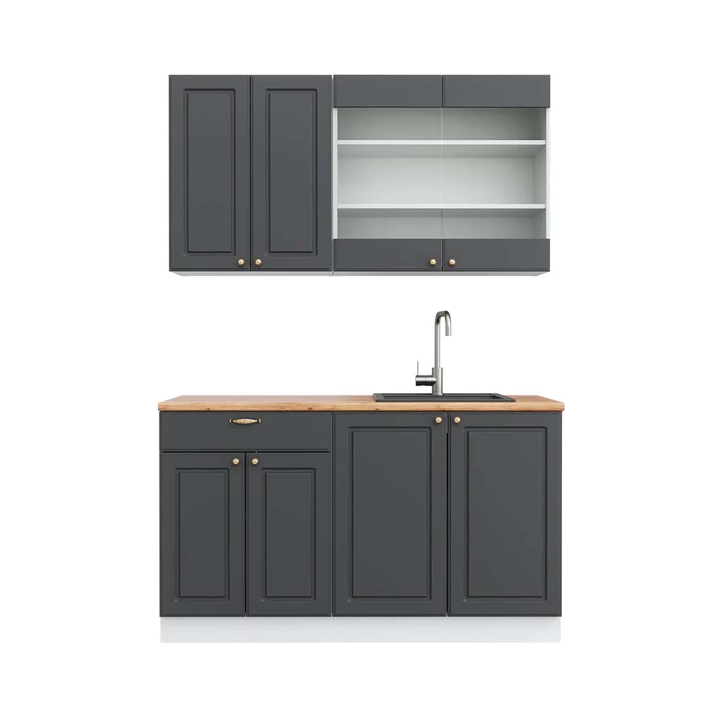 Cucina completa in Antracite-Oro/Bianco su sfondo bianco