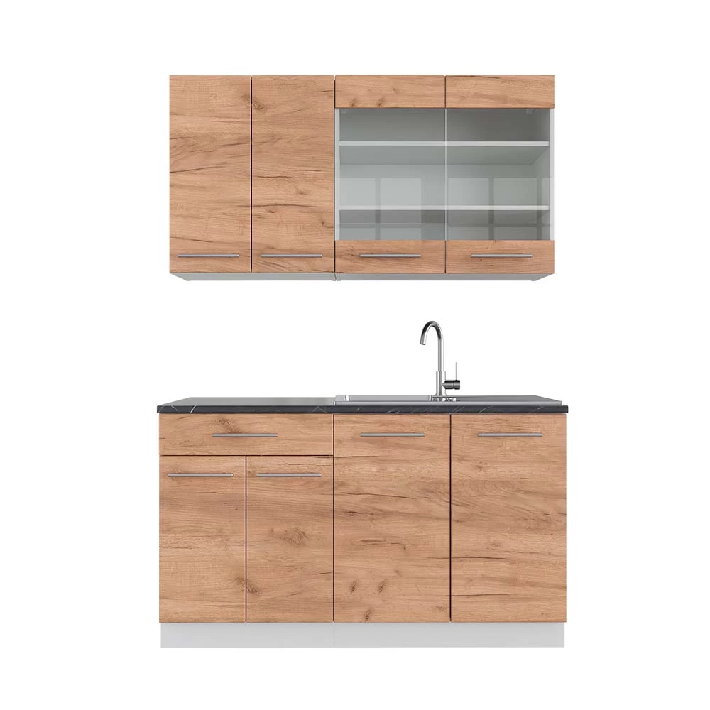 Eenpersoonskeuken in Eik goud/wit op een witte achtergrond