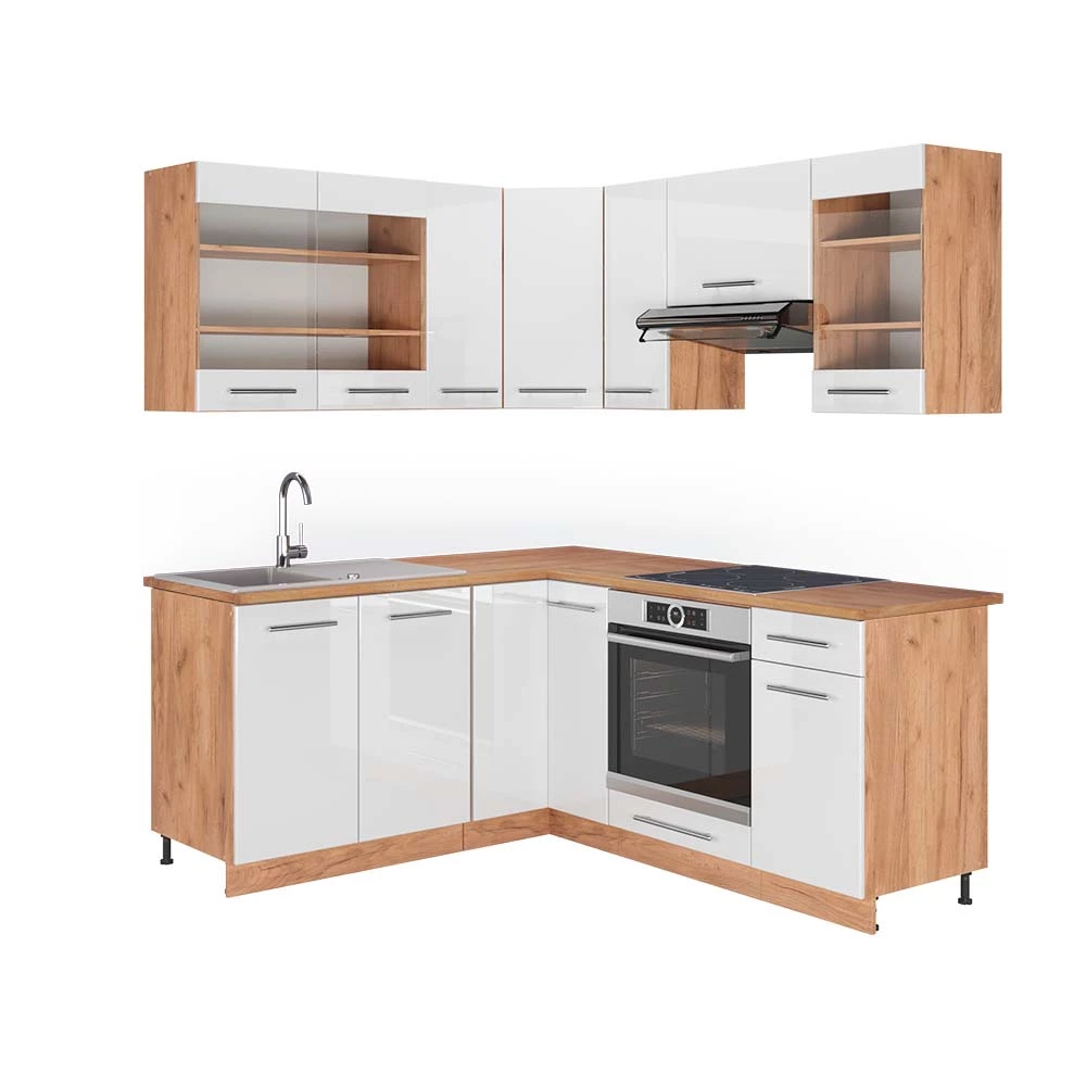 Vicco Kogoszczona kuchnia Biały wysoki połysk/złoty dąb power 160 x 190 cm , BP Dąb, Fame-Line