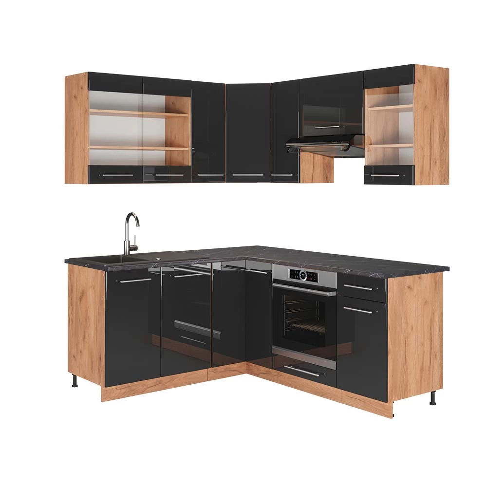 Vicco Cuisine en angle Anthracite brillant/Chêne doré 160x190cm , PT Anthracite, Fame-Line