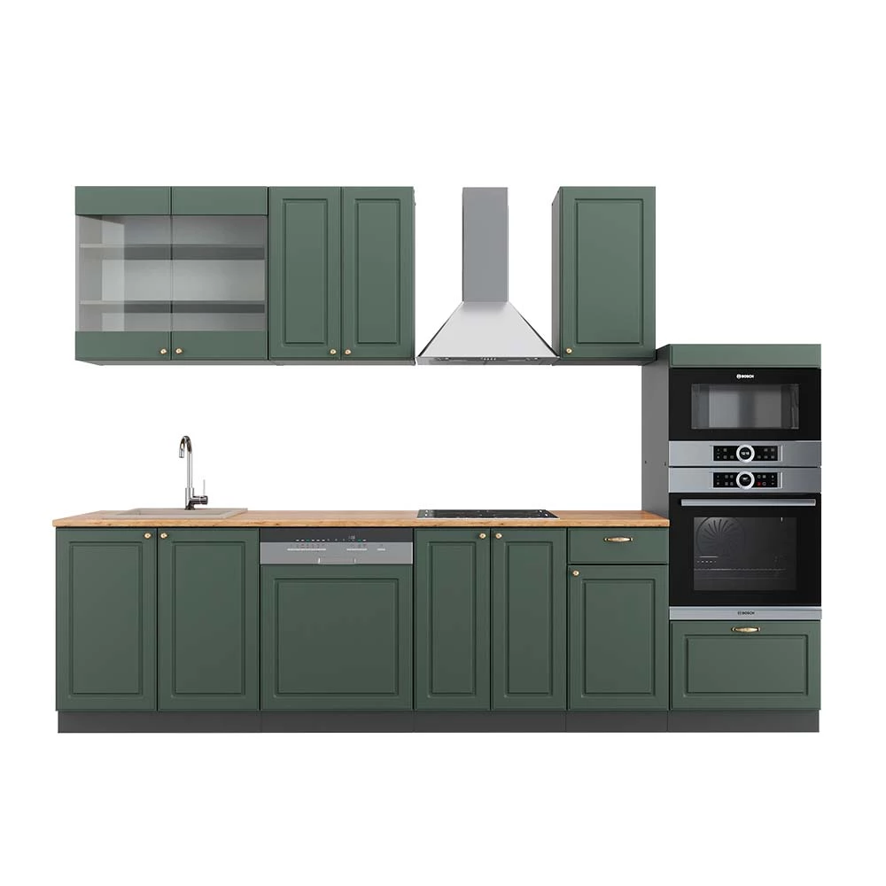 Vicco Küchenzeile Grün-Gold Landhaus/Anthrazit 300 cm mit Hochschrank, AP Eiche, Fame-Line