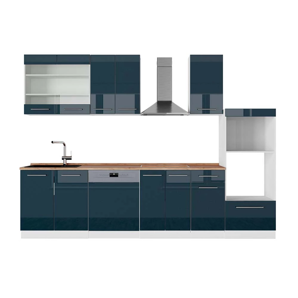 Vicco Complete keukeneenheid Donkerblauw hoogglans/wit 300 cm met hoge kast, WB Eik, Fame-Line