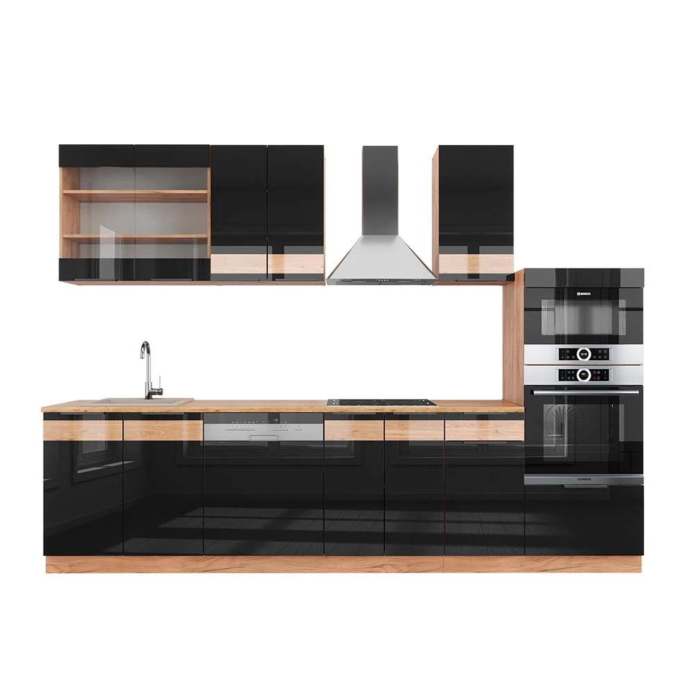 Vicco Kitchenette Carvalho preto de alto brilho/carvalho Goldkraft 300cm, Fame-Line