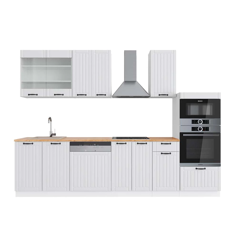 Vicco Cuisine Blanc campagne/blanc 300cm avec armoire haute, PT Chêne, Fame-Line