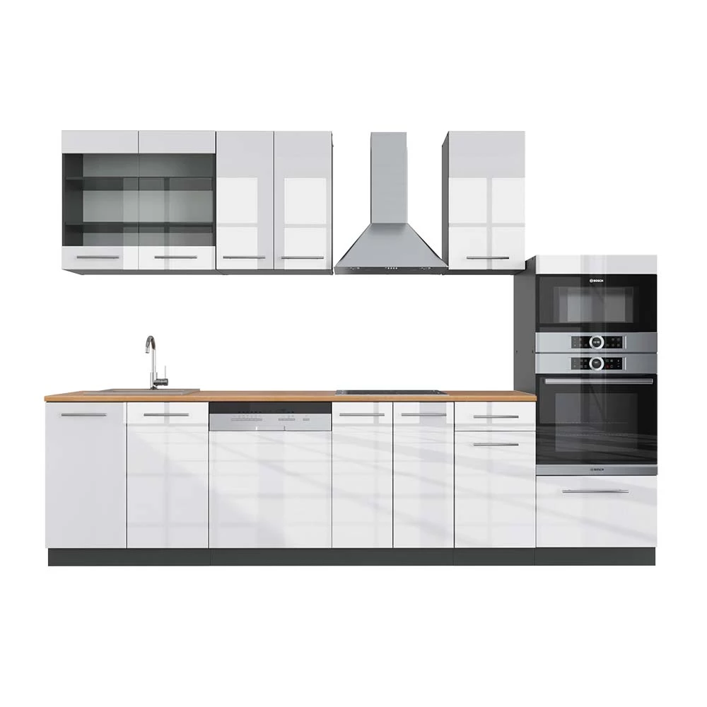 Vicco Kuhinjski blok Bela barva visokega sijaja/antracit 300 cm z visoko omaro, DP Hrast, Fame-Line