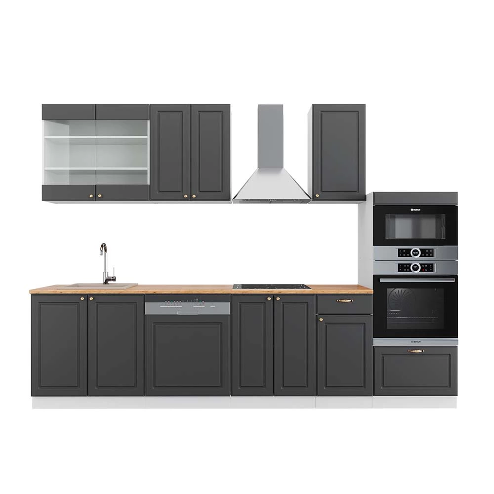 Vicco Čajna kuhinja Anthracite-Gold / White 300 cm s visokim ormarićem, RP Hrast, Fame-Line