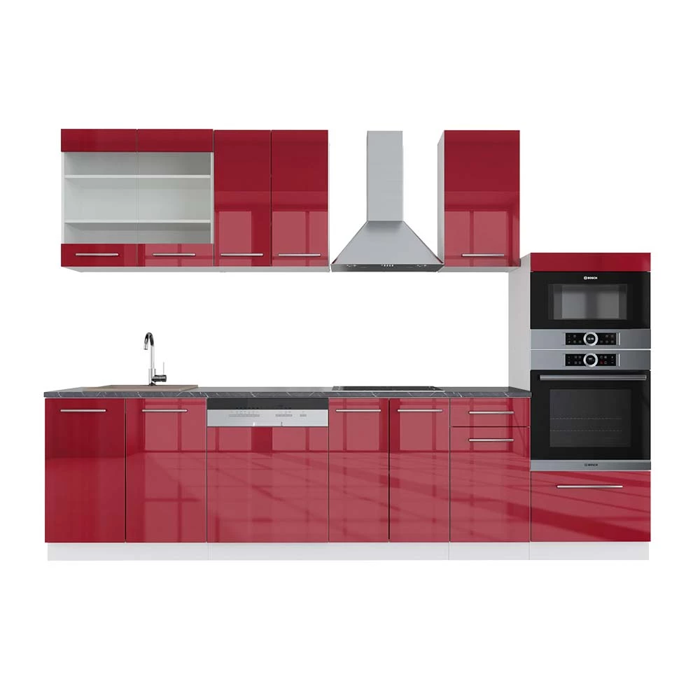 Vicco Konyhabútor Bordeaux magas fényű/fehér 300 cm magas szekrénnyel, MP Antracit, Fame-Line