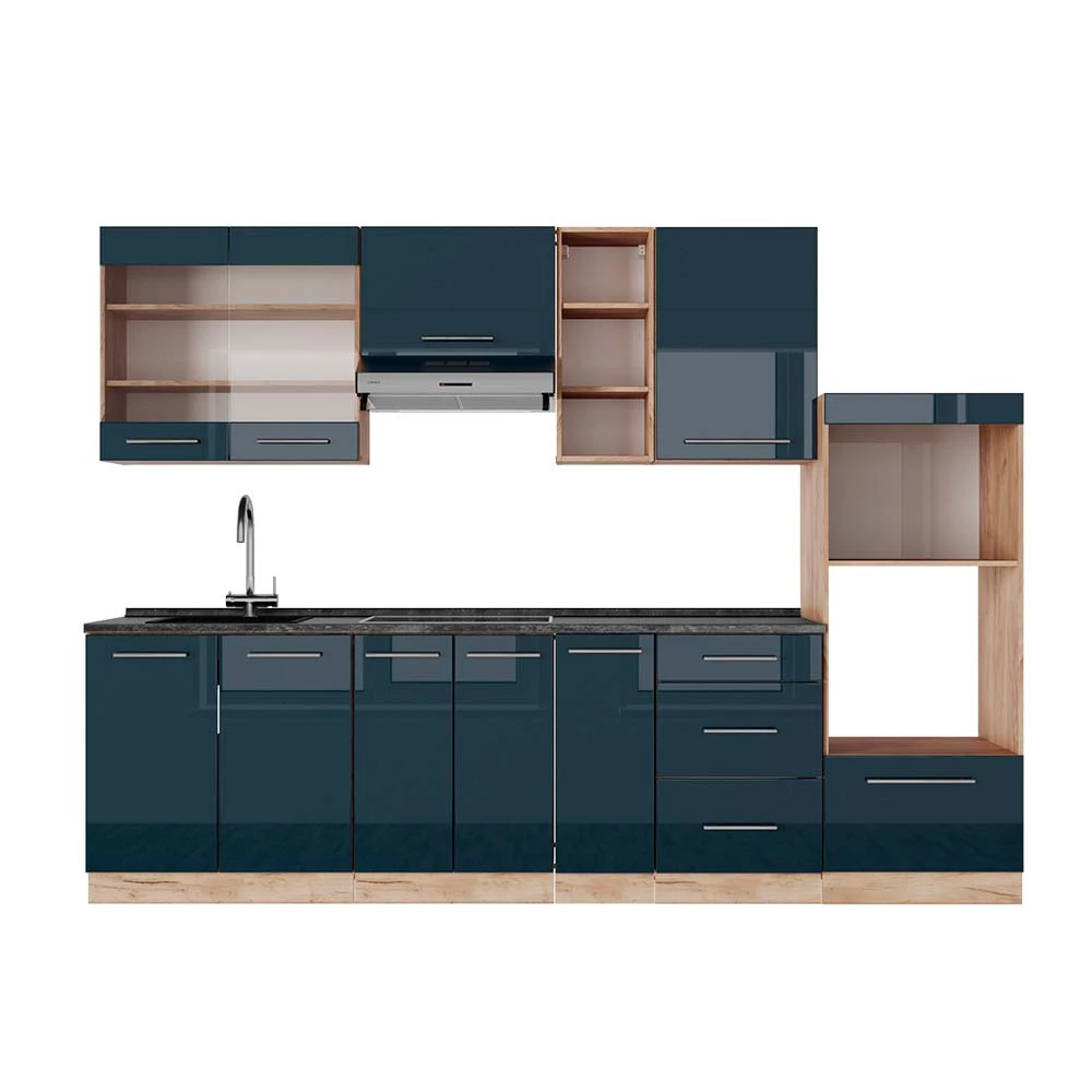 Kuchyňský kout v barvě Tmavě modrý vysoký lesk/zlatý dub na bílém pozadí