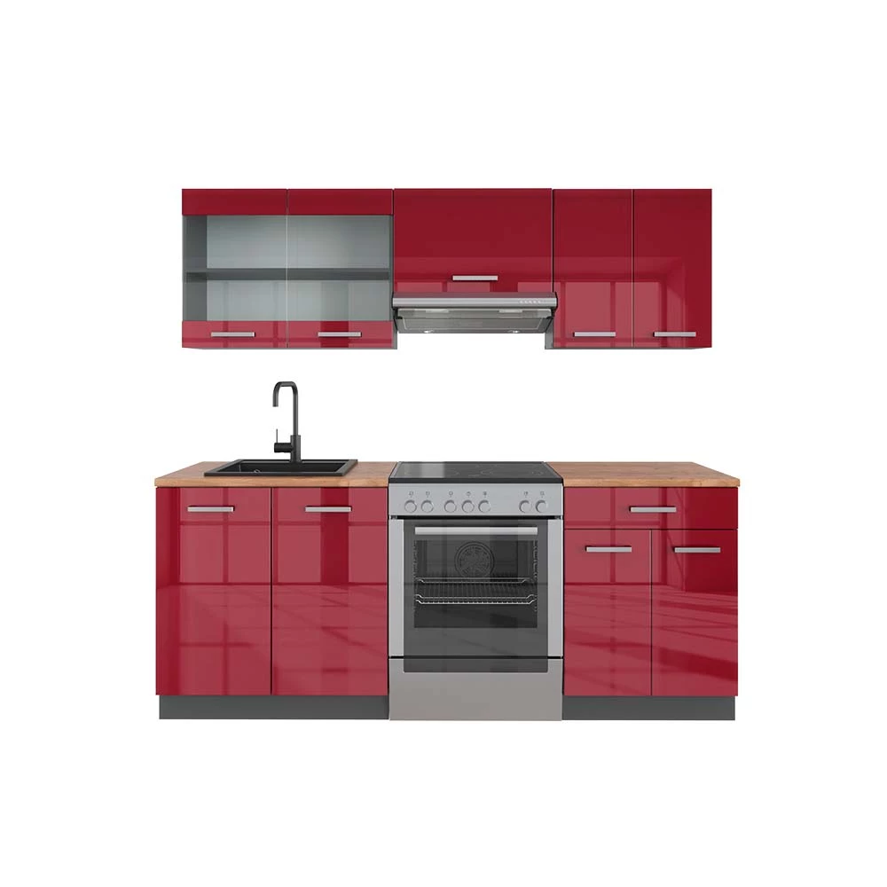 Vicco Kuhinjski blok Bordeaux visok sijaj/antracit 200 cm , DP Hrast, R-Line