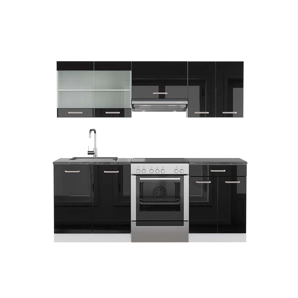 Mueble de cocina en Negro brillo/blanco sobre fondo blanco