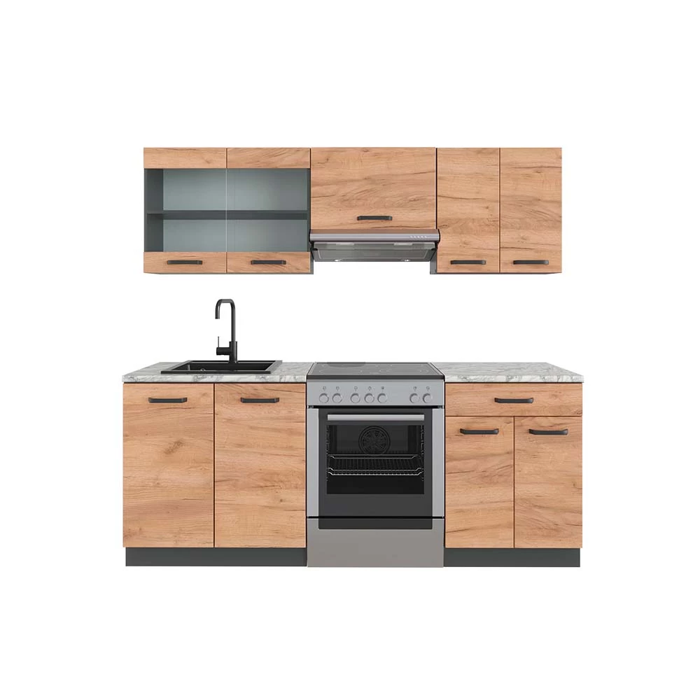 Küchenzeile in Goldkraft Eiche/Anthrazit auf weißem Hintergrund