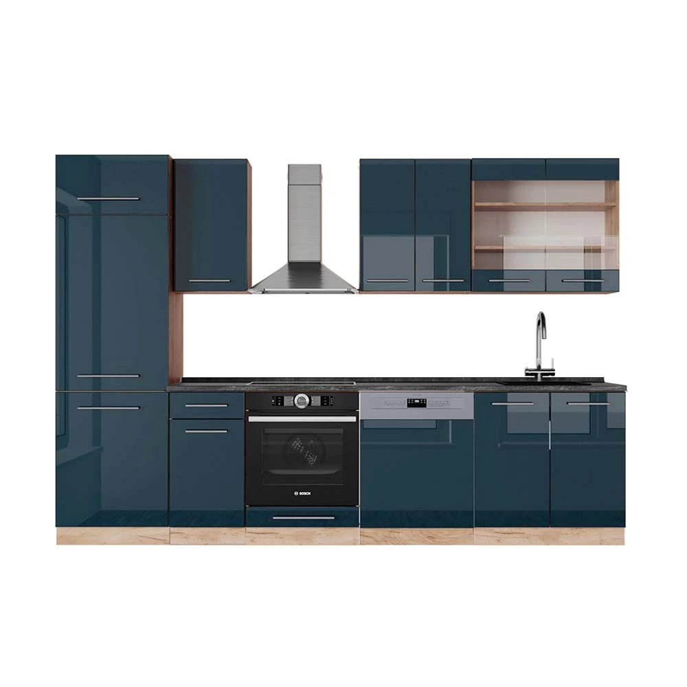 Vicco Cucina componibile Blu scuro lucido/rovere dorato 300 cm , PL Antracite, Fame-Line