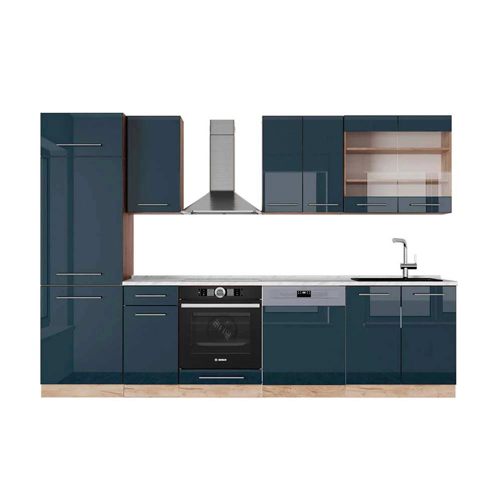 Vicco Küchenzeile Dunkelblau Hochglanz/Goldkraft Eiche 300 cm , AP Marmor, Fame-Line