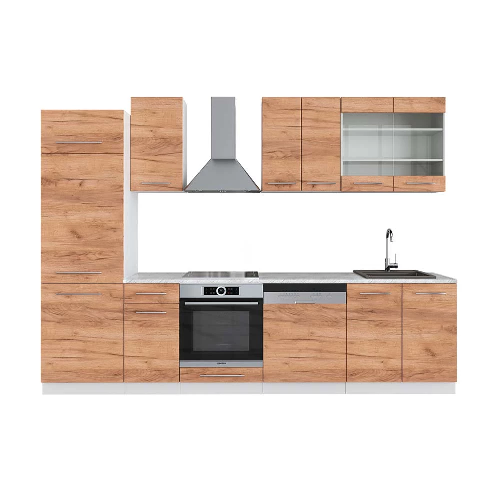 Complete keukeneenheid in Eik goud/wit op een witte achtergrond