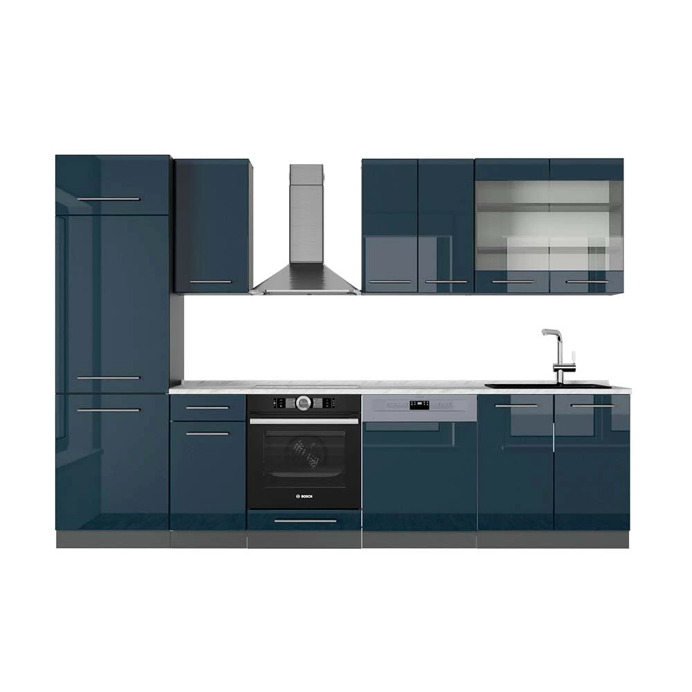 Vicco Kitchenette Albastru închis strălucitor/antracit 300cm, Fame-Line