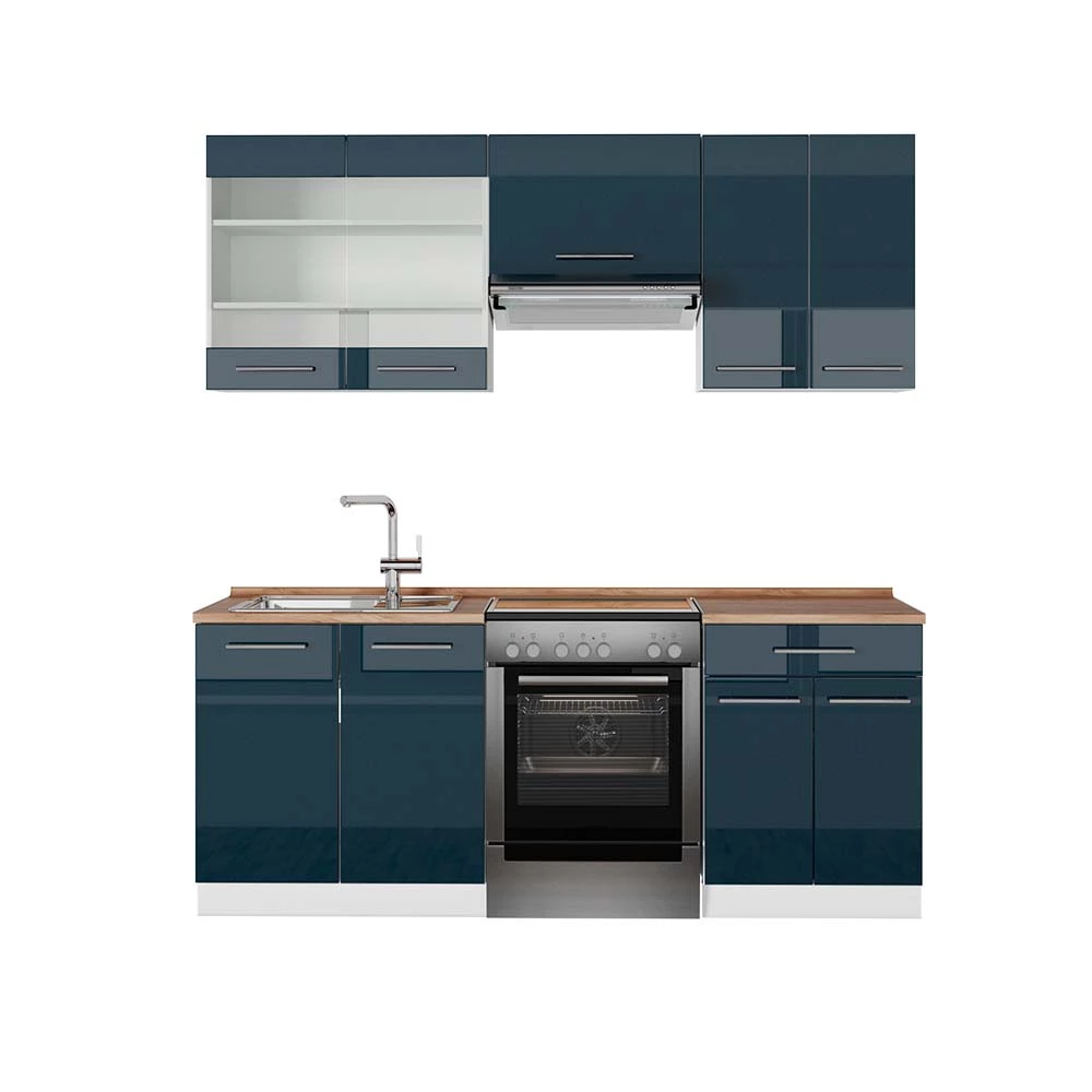 Vicco Kuhinjski elementi Dunkelblau Hochglanz/Weiß 200 cm , RP Hrast, Fame-Line