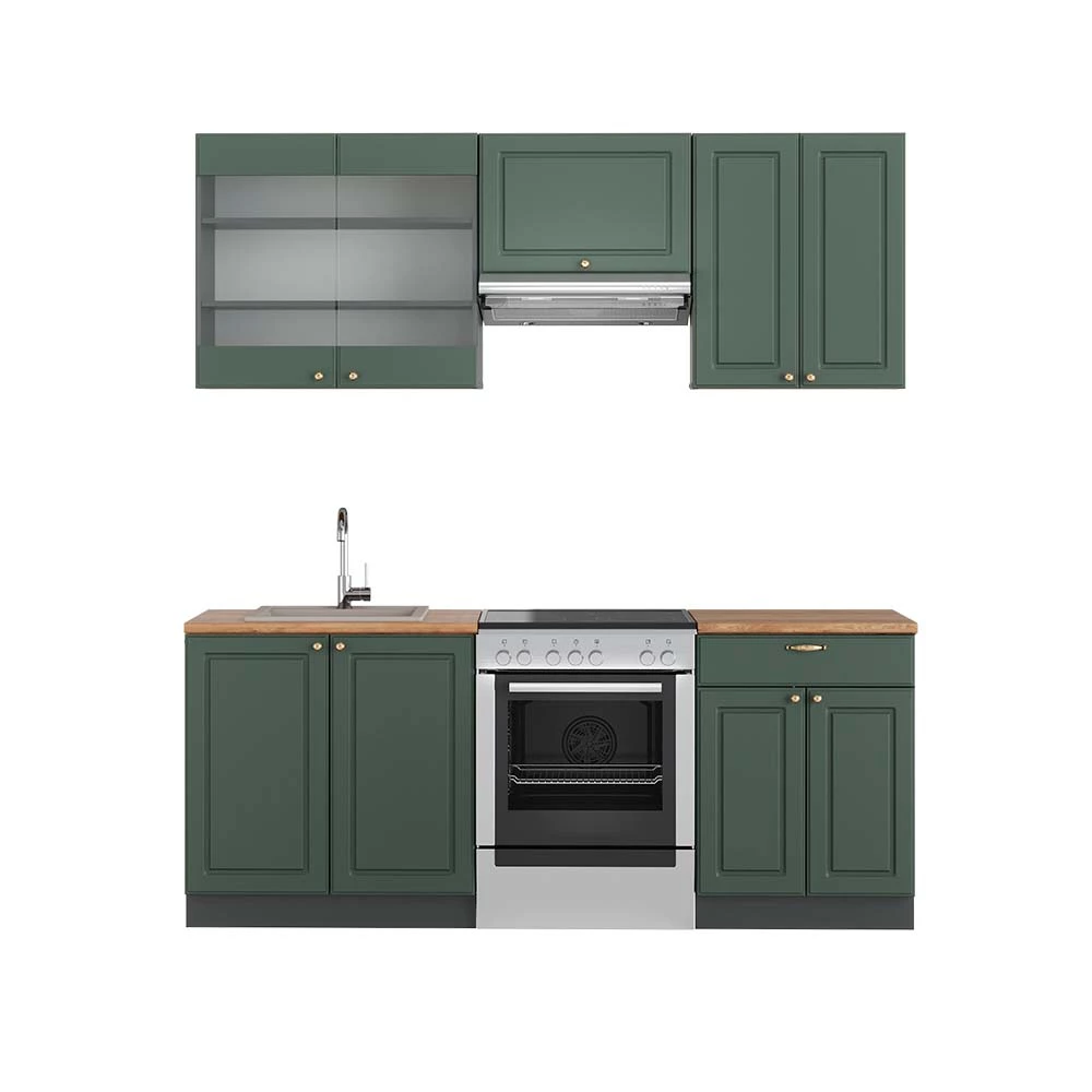 Vicco Mueble de cocina Verde-Dorado Casa de campo/Antracita 200 cm , ET Roble, Fame-Line