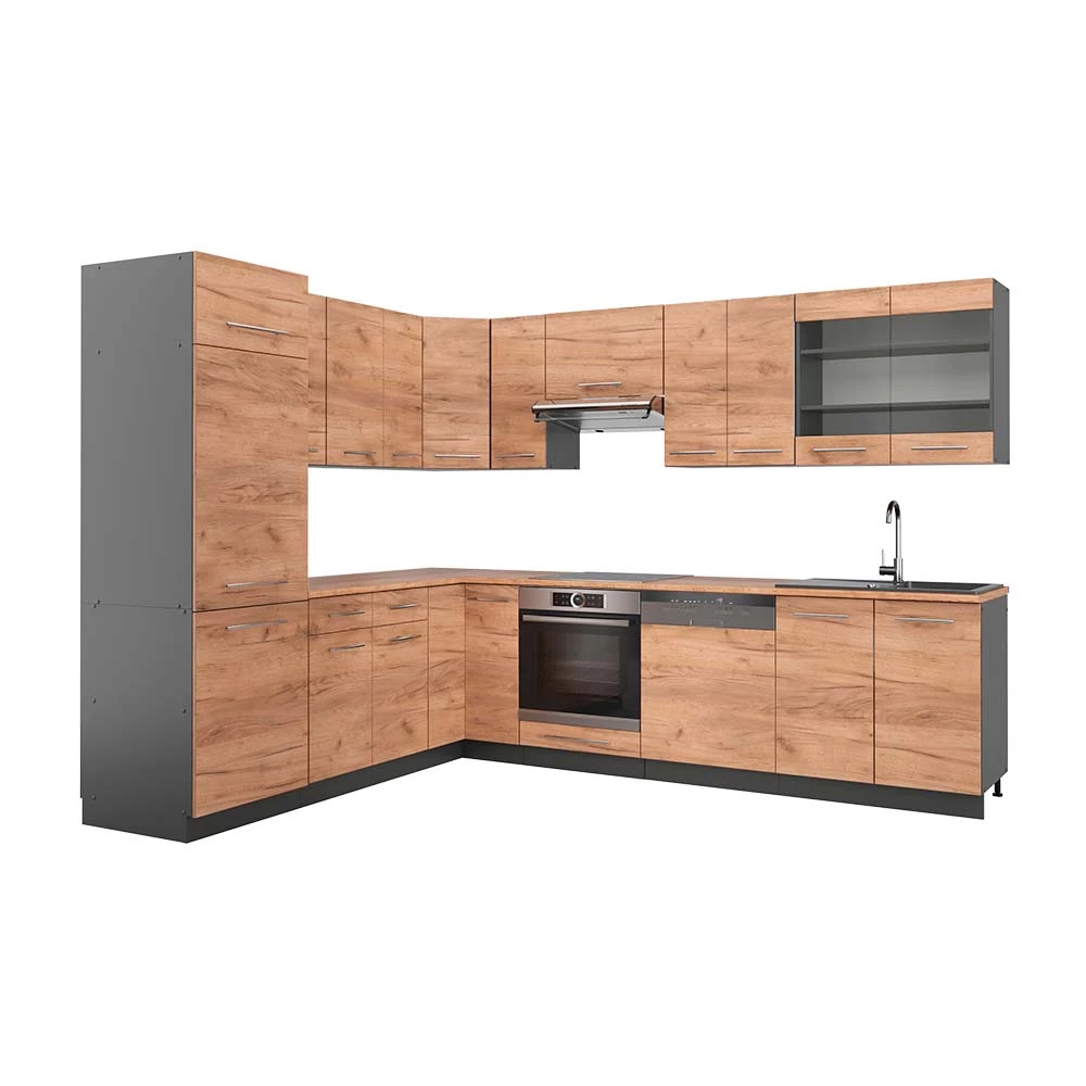 Rohová kuchyň v barvě Zlatý dub power/antracit na bílém pozadí