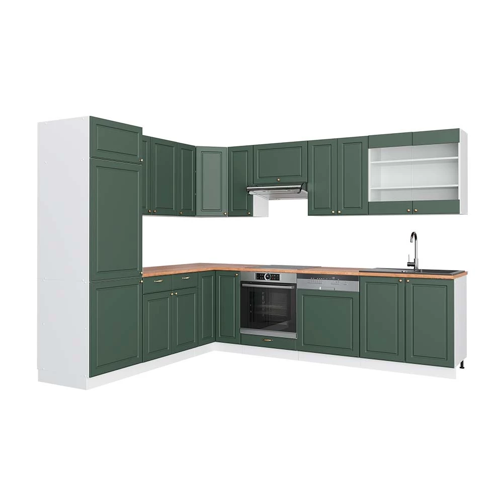 Hoekkeuken in Groen-Goud Landhuis/Wit on white background