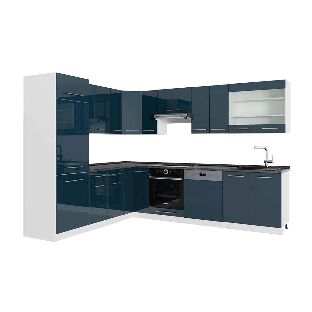 Vicco Eckküche Dunkelblau Hochglanz/Weiß 287 x 227 cm , AP Anthrazit, Fame-Line