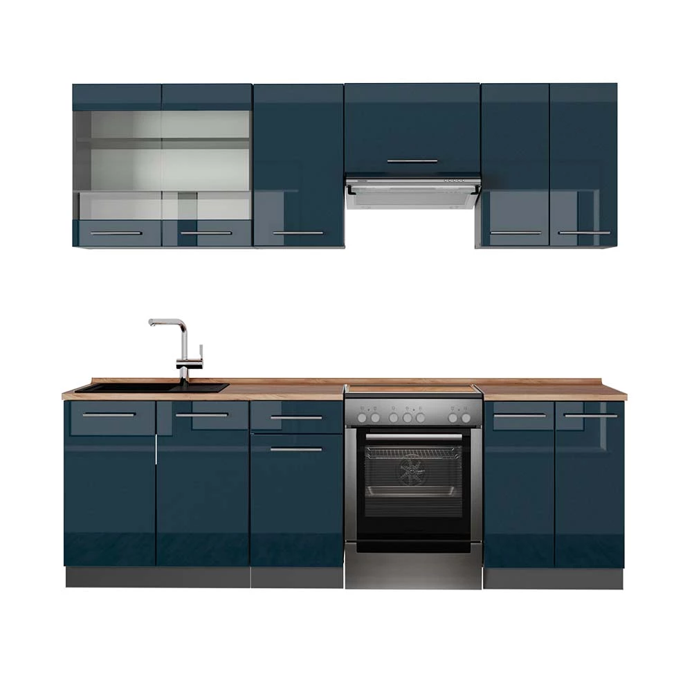 Vicco Kitchenette Albastru închis strălucitor/antracit 240cm, Fame-Line