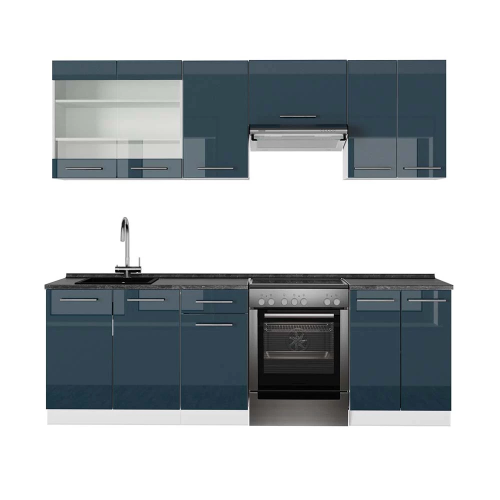Cucina componibile in Blu scuro lucido/bianco su sfondo bianco