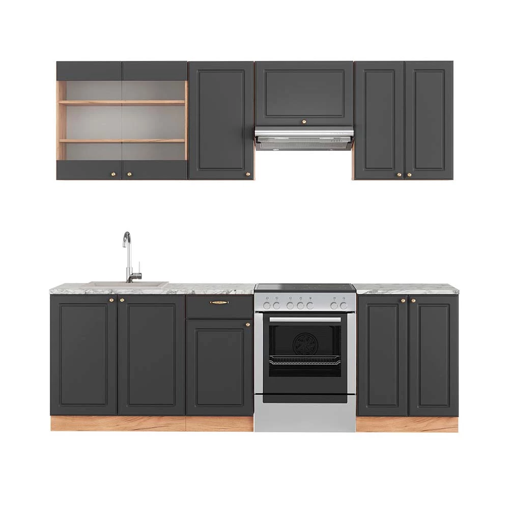 Vicco Kitchenette Casă de țară antracit/stejar Goldkraft 240cm, Fame-Line